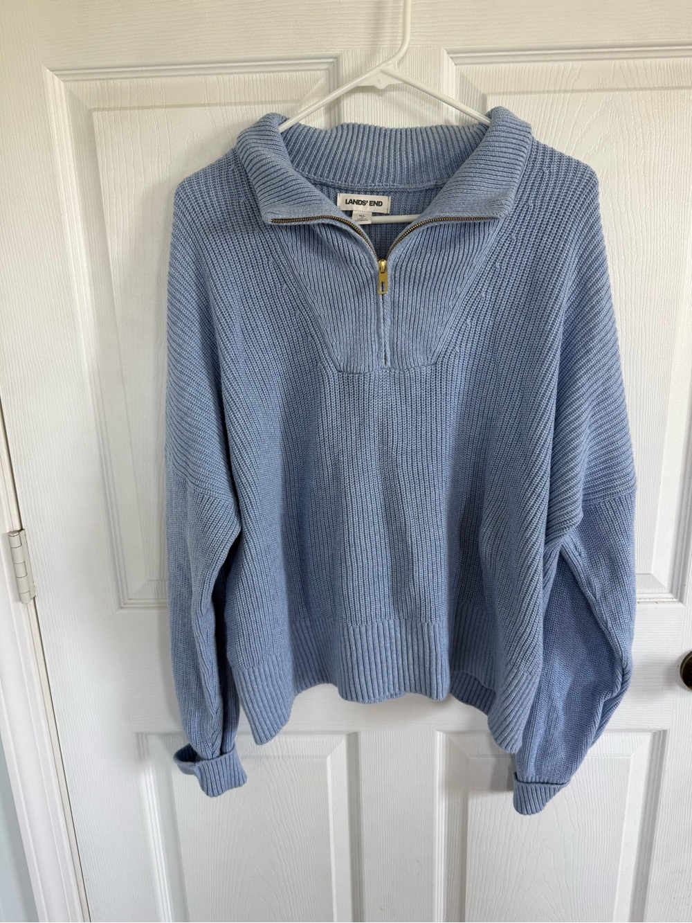 Lands’ End XL Blue Sweater 100% Cotton Quarter Zip Chunky Fall Grandmacore